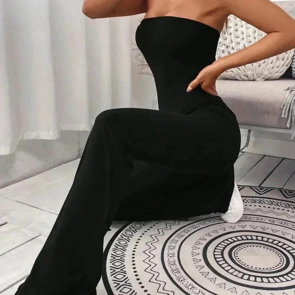 Black Casual Women's Solid Flare Leg Tube Jumpsuit - Picture 4 of 7